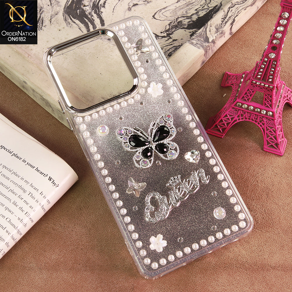 Tecno Pop 7 Cover - Black - Shiny Glitter Pearl Border Phone Case with Premium 3D Rhinestone Crown Style Back Cover