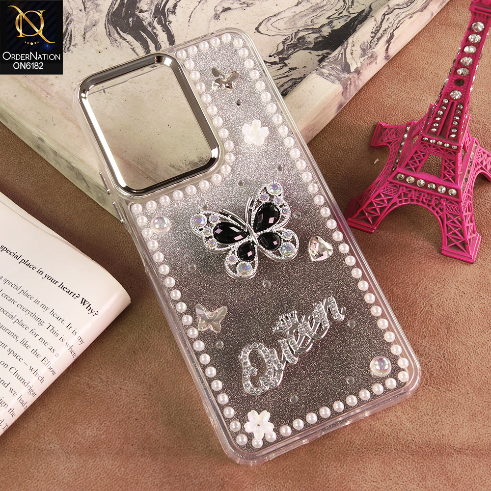 Tecno Spark Go 3 Cover - Black - Shiny Glitter Pearl Border Phone Case with Premium 3D Rhinestone Crown Style Back Cover