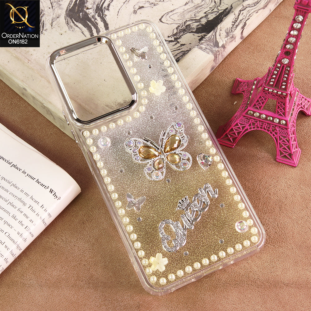Tecno Spark Go 3 Cover - Yellow - Shiny Glitter Pearl Border Phone Case with Premium 3D Rhinestone Crown Style Back Cover
