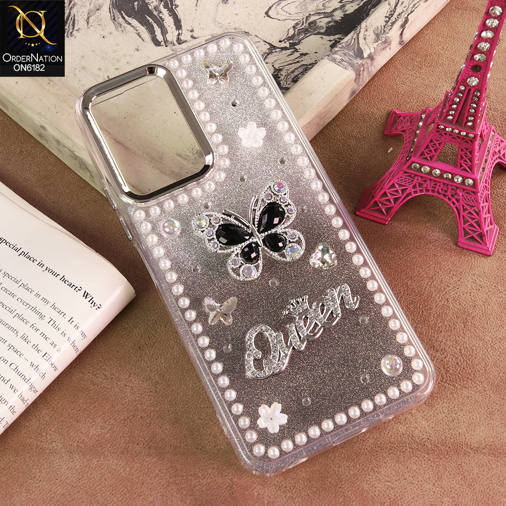 Vivo Y18 Cover - Black - Shiny Glitter Pearl Border Phone Case with Premium 3D Rhinestone Crown Style Back Cover