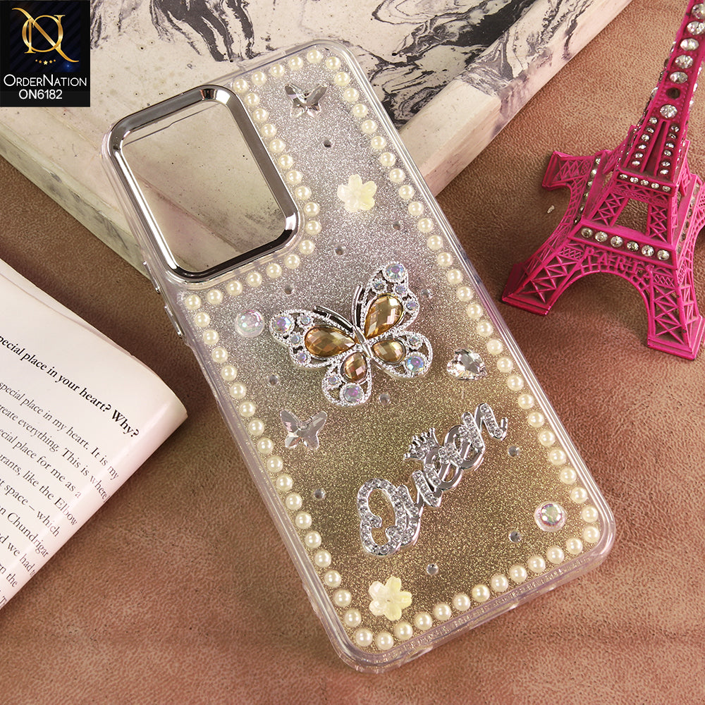 Vivo Y18 Cover - Yellow - Shiny Glitter Pearl Border Phone Case with Premium 3D Rhinestone Crown Style Back Cover