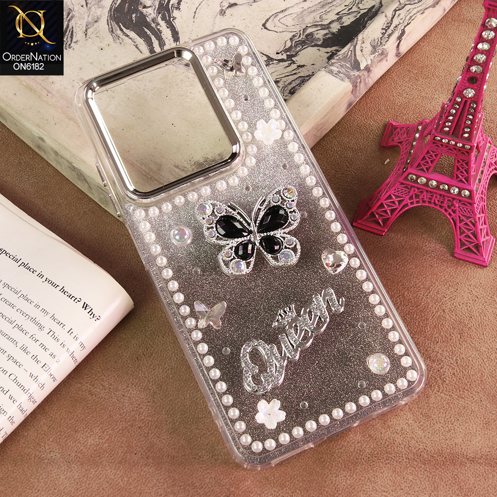 Vivo Y27s Cover - Black - Shiny Glitter Pearl Border Phone Case with Premium 3D Rhinestone Crown Style Back Cover