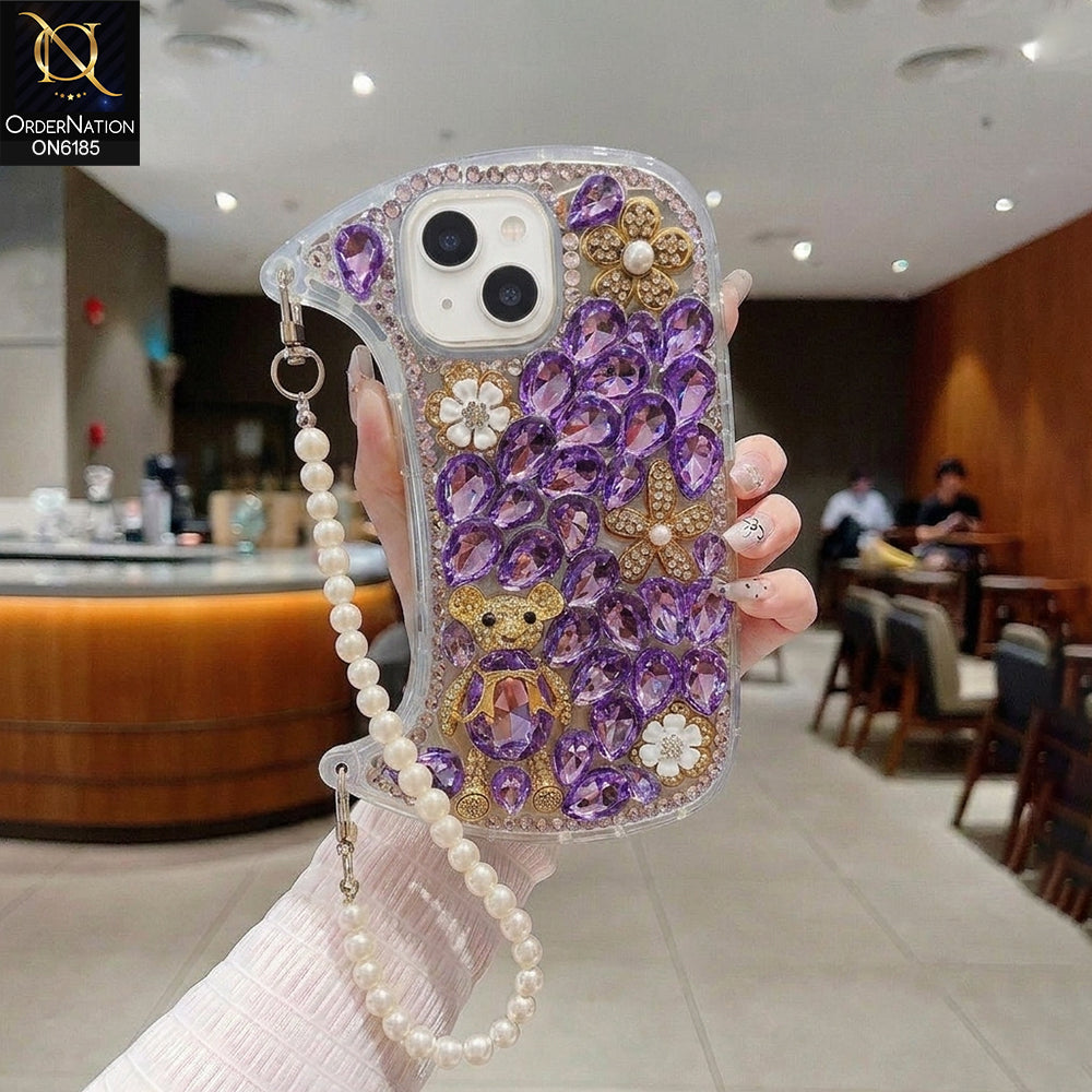 iPhone 15 Cover - Purple - Luxury Rhinestone Gemstone Phone Case with Pearl Chain Strap & 3D Floral Accents