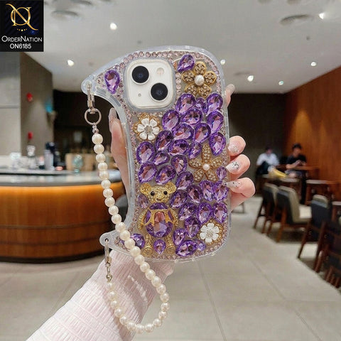 iPhone 15 Cover - Purple - Luxury Rhinestone Gemstone Phone Case with Pearl Chain Strap & 3D Floral Accents