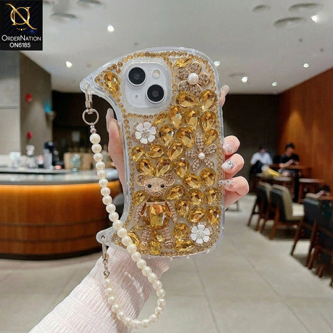 iPhone 15 Cover - Yellow - Luxury Rhinestone Gemstone Phone Case with Pearl Chain Strap & 3D Floral Accents