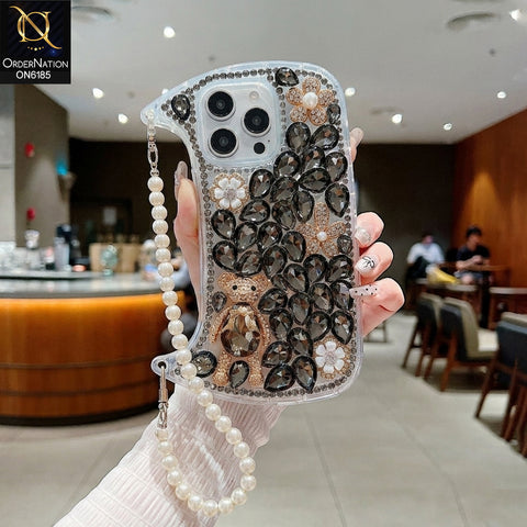 iPhone 15 Pro Max Cover - Black - Luxury Rhinestone Gemstone Phone Case with Pearl Chain Strap & 3D Floral Accents