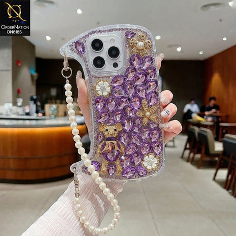 iPhone 15 Pro Max Cover - Purple - Luxury Rhinestone Gemstone Phone Case with Pearl Chain Strap & 3D Floral Accents