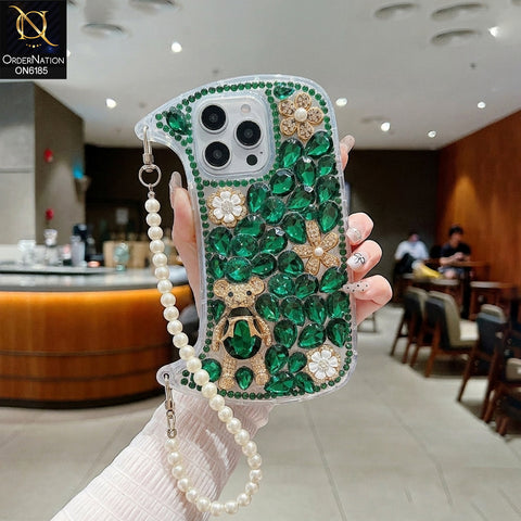 iPhone 16 Pro Max Cover - Green - Luxury Rhinestone Gemstone Phone Case with Pearl Chain Strap & 3D Floral Accents
