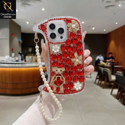 iPhone 16 Pro Max Cover - Red - Luxury Rhinestone Gemstone Phone Case with Pearl Chain Strap & 3D Floral Accents