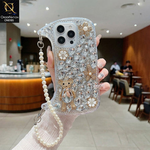 iPhone 16 Pro Max Cover - Silver - Luxury Rhinestone Gemstone Phone Case with Pearl Chain Strap & 3D Floral Accents