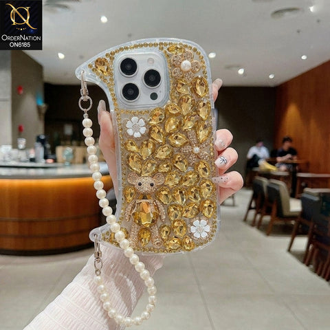 iPhone 16 Pro Max Cover - Yellow - Luxury Rhinestone Gemstone Phone Case with Pearl Chain Strap & 3D Floral Accents