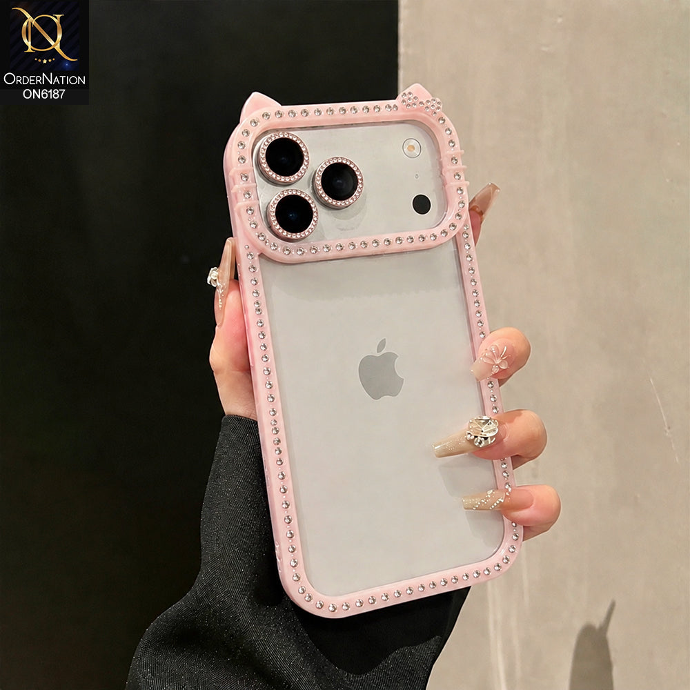 iPhone 17 Pro Max Cover - Pink - Luxury Crystal Border Transparent Protective Phone Case with Premium Camera Frame Design