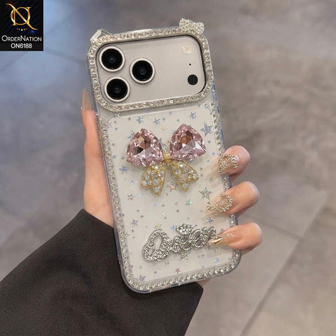 iPhone 17 Pro Max Cover - Pink - Luxury Rhinestone Bow Crystal Phone Case with Glitter Border and Premium Protective Design