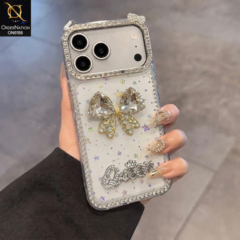 iPhone 17 Pro Max Cover - Yellow - Luxury Rhinestone Bow Crystal Phone Case with Glitter Border and Premium Protective Design