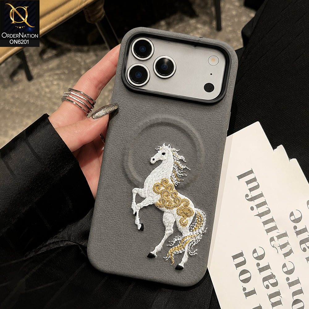 iPhone 17 Pro Max Cover - Gray - Embroidered Equestrian Design Protective Phone Case with Raised Camera Protection