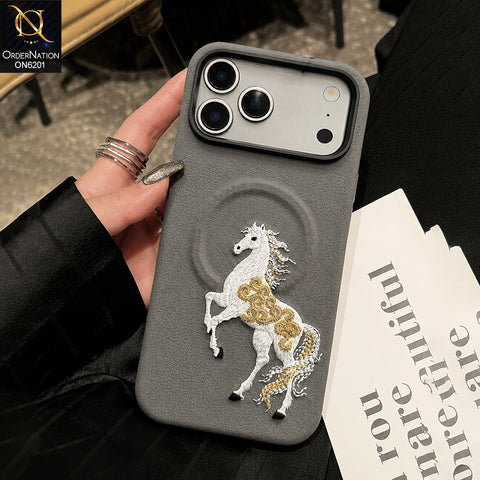iPhone 17 Pro Max Cover - Gray - Embroidered Equestrian Design Protective Phone Case with Raised Camera Protection