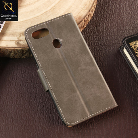 Oppo A7 Cover - Gray - Luxury Premium Leather Megantic Flip Book Covers With Card Holding Option