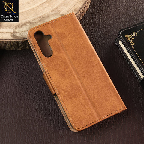 Samsung Galaxy A15 Cover - Light Brown - Luxury Premium Leather Megantic Flip Book Covers With Card Holding Option