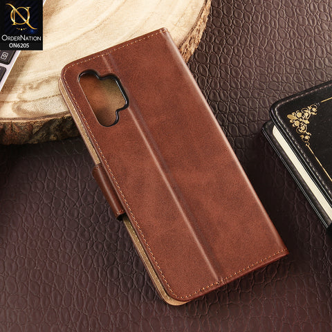 Samsung Galaxy A32 Cover - Dark Brown - Luxury Premium Leather Megantic Flip Book Covers With Card Holding Option
