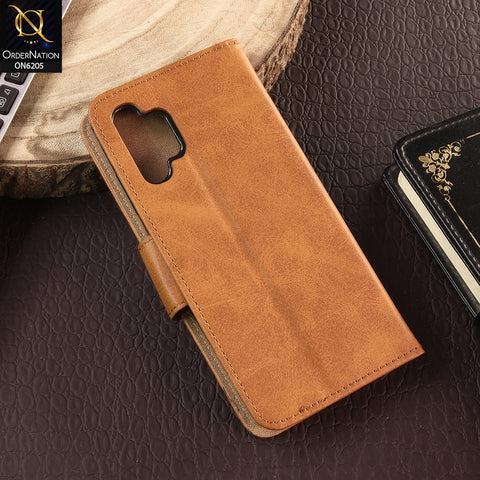 Samsung Galaxy A32 Cover - Light Brown - Luxury Premium Leather Megantic Flip Book Covers With Card Holding Option