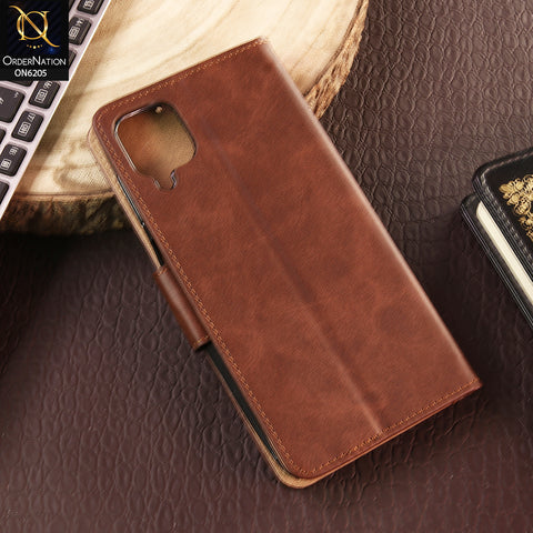 Samsung Galaxy A12 Nacho Cover - Dark Brown - Luxury Premium Leather Megantic Flip Book Covers With Card Holding Option