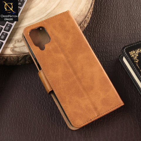 Samsung Galaxy A12 Cover - Light Brown - Luxury Premium Leather Megantic Flip Book Covers With Card Holding Option