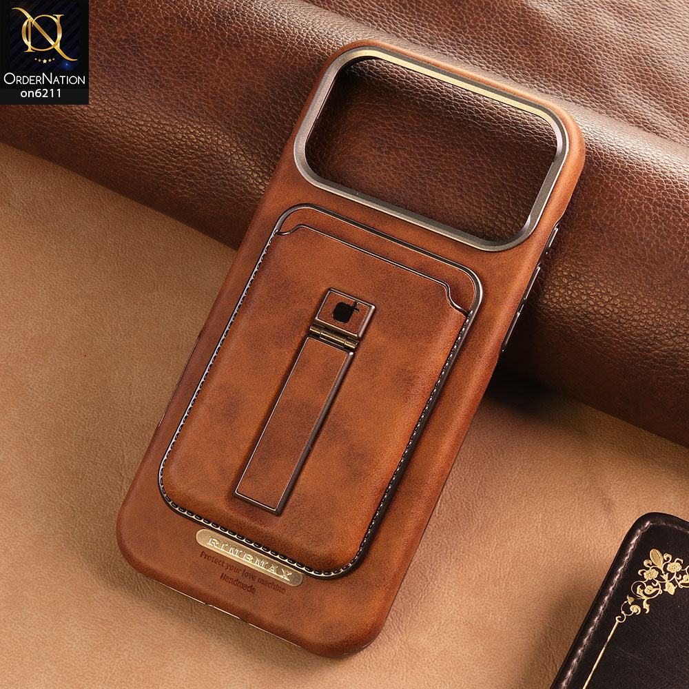 iPhone 17 Pro Max Cover -  Brown -  New Premium RimbMax High Quality Leather  Case With Premium Quality Magnatic Card Holding Options And KickStand