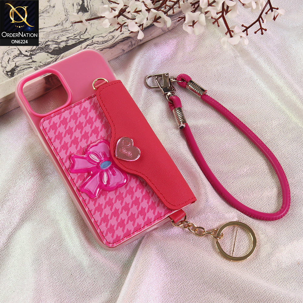 iPhone 14 Cover - Dark Pink - New & Luxury Elegant Phone Case with Wallet Pocket & Shoulder Strap