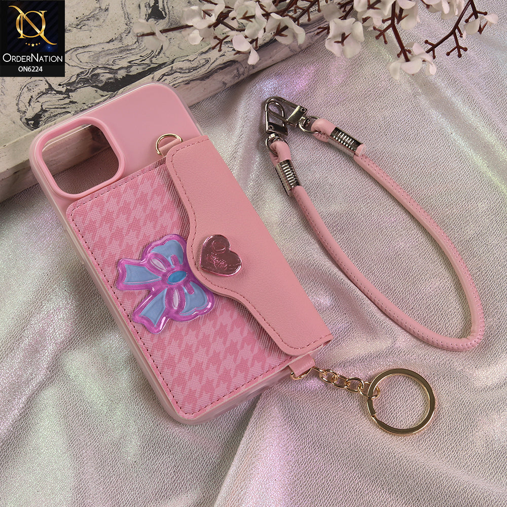 iPhone 14 Cover - Light Pink - New & Luxury Elegant Phone Case with Wallet Pocket & Shoulder Strap
