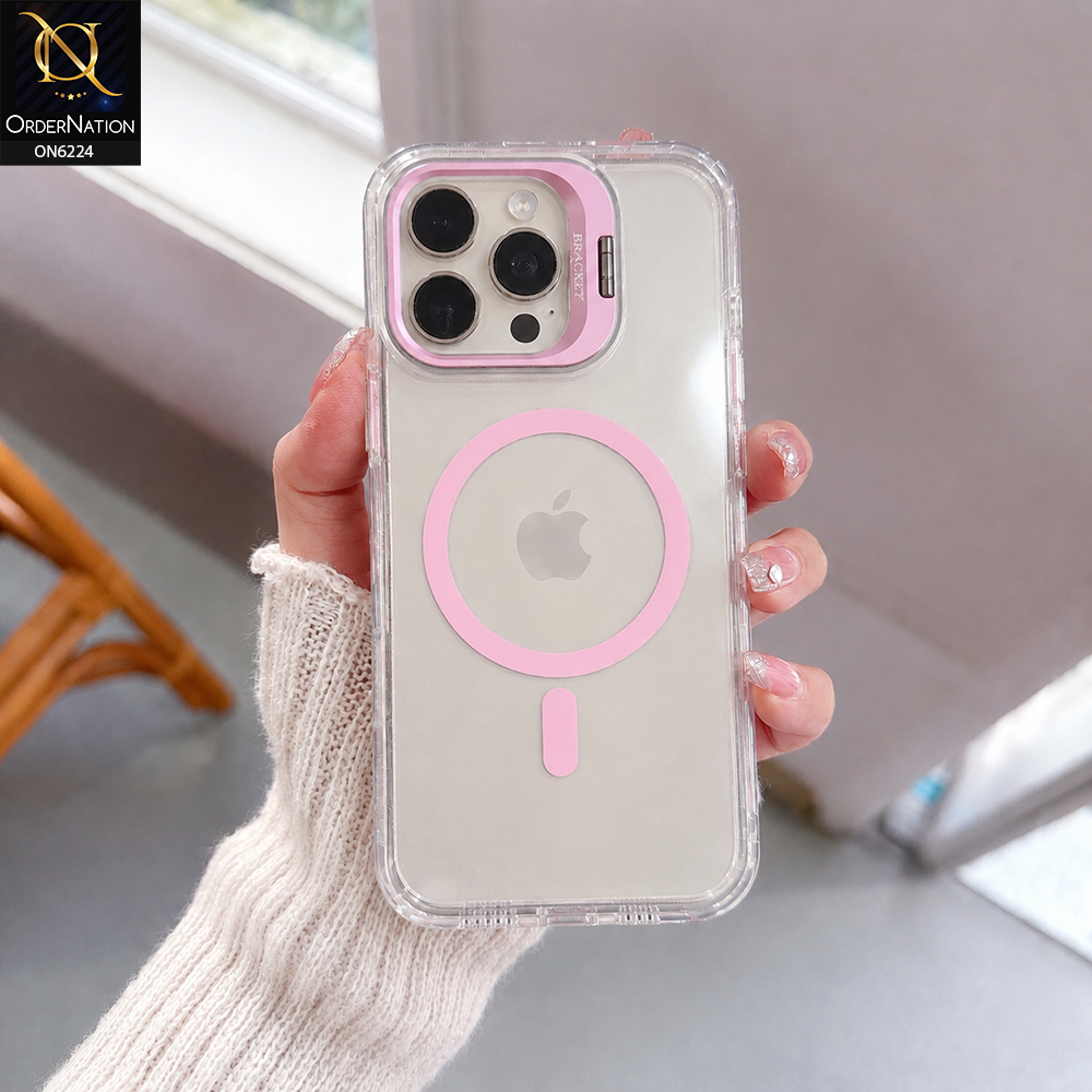 iPhone 15 Pro Max Cover - Pink - Transparent Magnetic Case withBlack Metallic Accent Shockproof Phone Cover with Buit in Stand