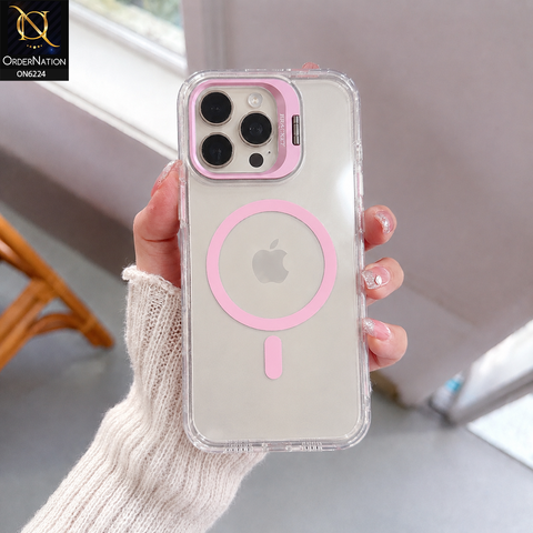 iPhone 15 Pro Max Cover - Pink - Transparent Magnetic Case withBlack Metallic Accent Shockproof Phone Cover with Buit in Stand
