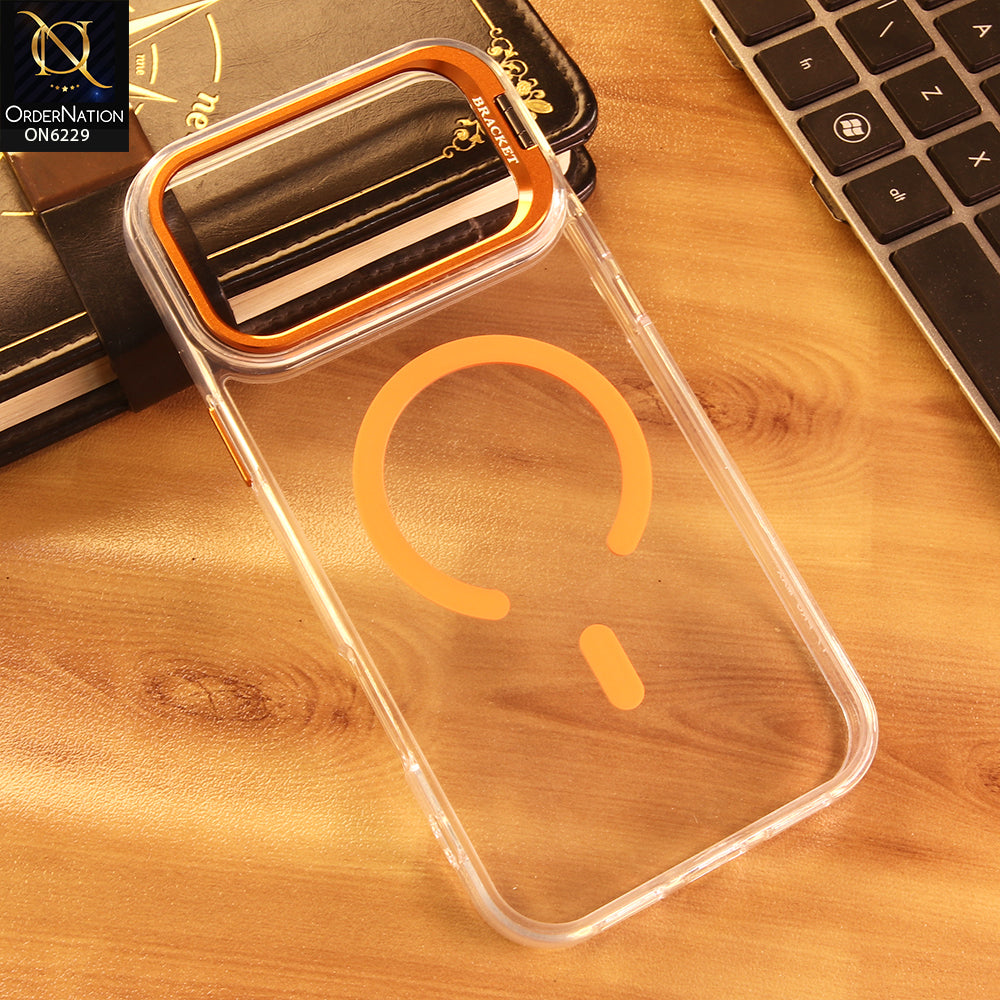 iPhone 17 Pro Max Cover -  Orange - Transparent Magnetic Case with Orange Metallic Accent Shockproof Phone Cover with Buit in Stand
