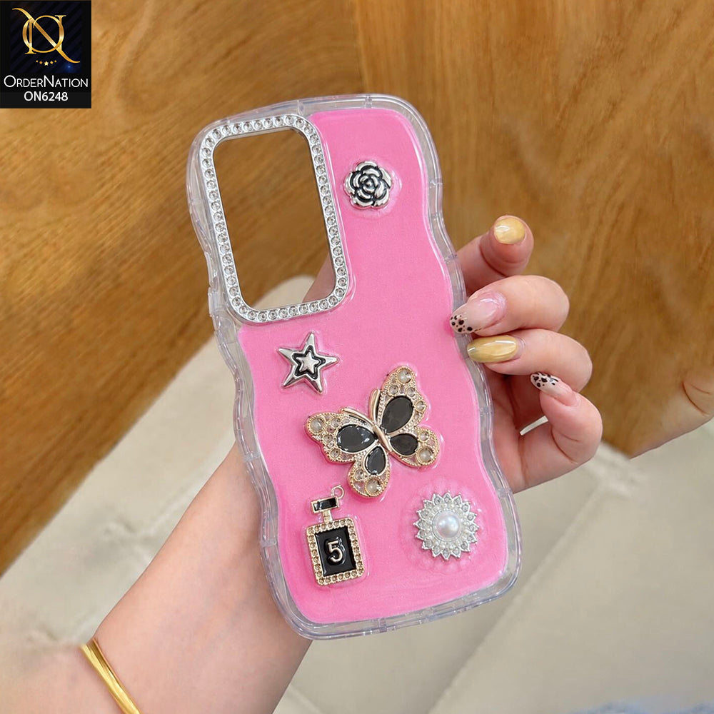Infinix Hot 70 Cover - Pink - Luxury 3D Butterfly Star Perfume Bottle Pearl Embellished Protective Rhinestone Case