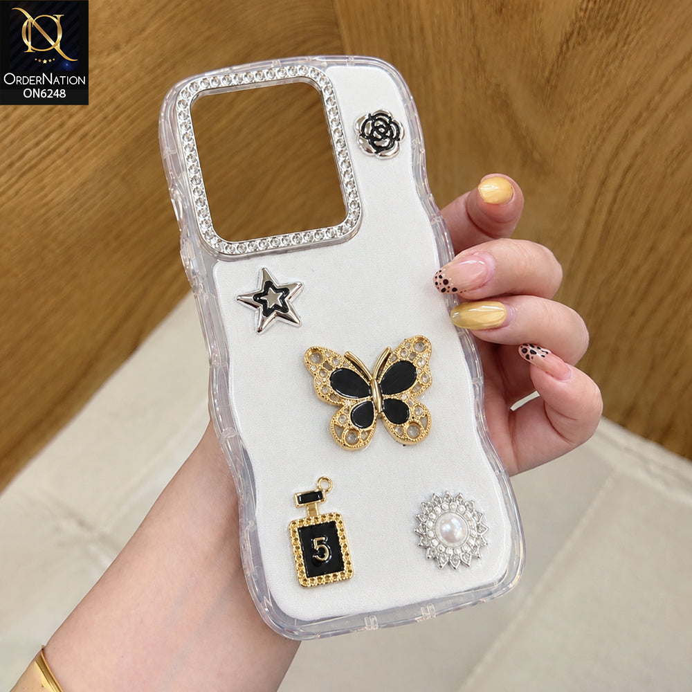 Tecno Spark 20 Cover - White - Luxury 3D Butterfly Star Perfume Bottle Pearl Embellished Protective Rhinestone Case