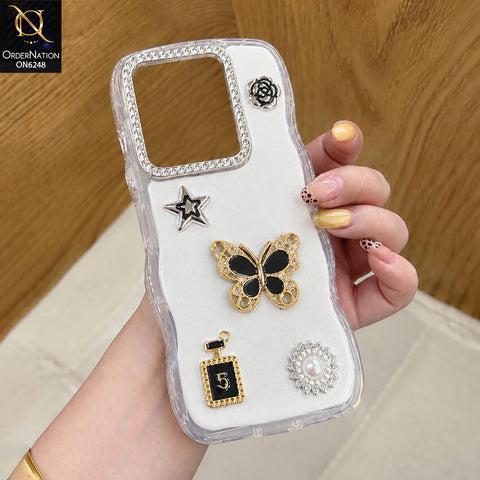 Tecno Spark 20 Cover - White - Luxury 3D Butterfly Star Perfume Bottle Pearl Embellished Protective Rhinestone Case