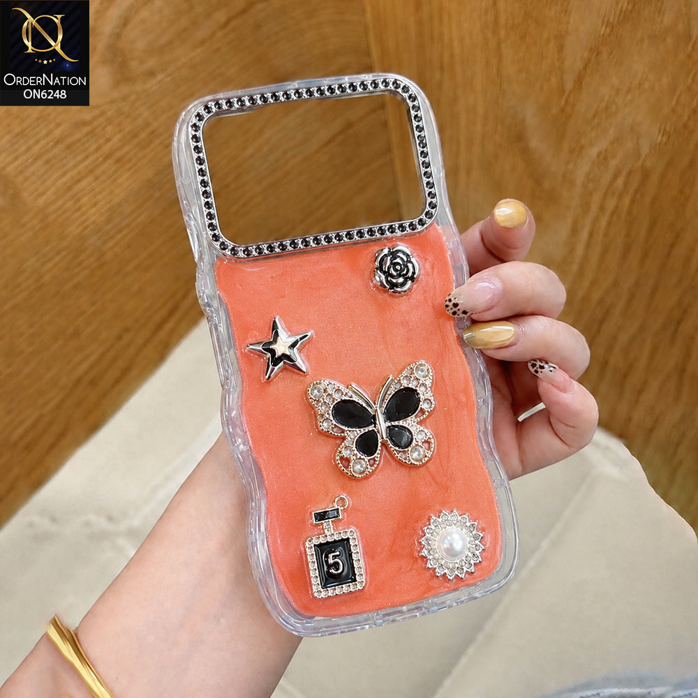 Tecno Spark 40 Cover - Orange - Luxury 3D Butterfly Star Perfume Bottle Pearl Embellished Protective Rhinestone Case