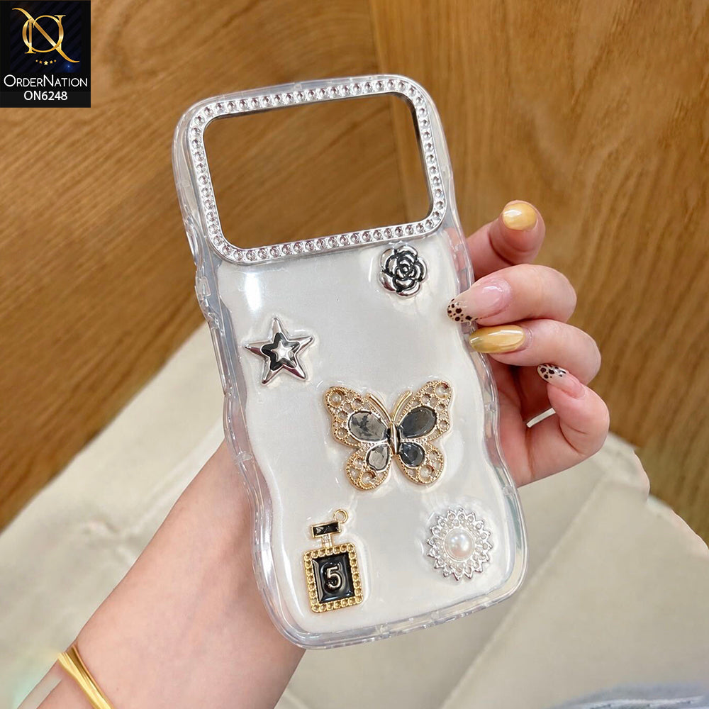 Tecno Spark 40 Cover - White - Luxury 3D Butterfly Star Perfume Bottle Pearl Embellished Protective Rhinestone Case