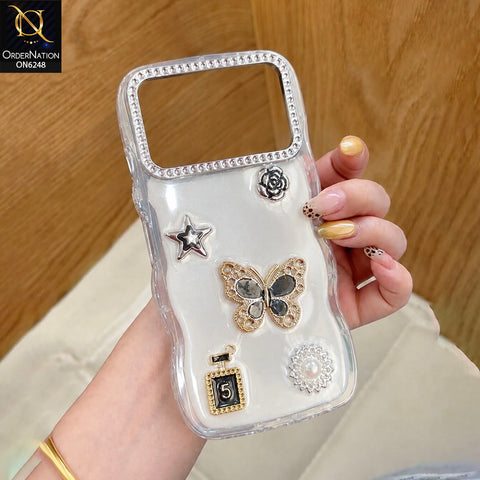 Tecno Spark 40 Cover - White - Luxury 3D Butterfly Star Perfume Bottle Pearl Embellished Protective Rhinestone Case