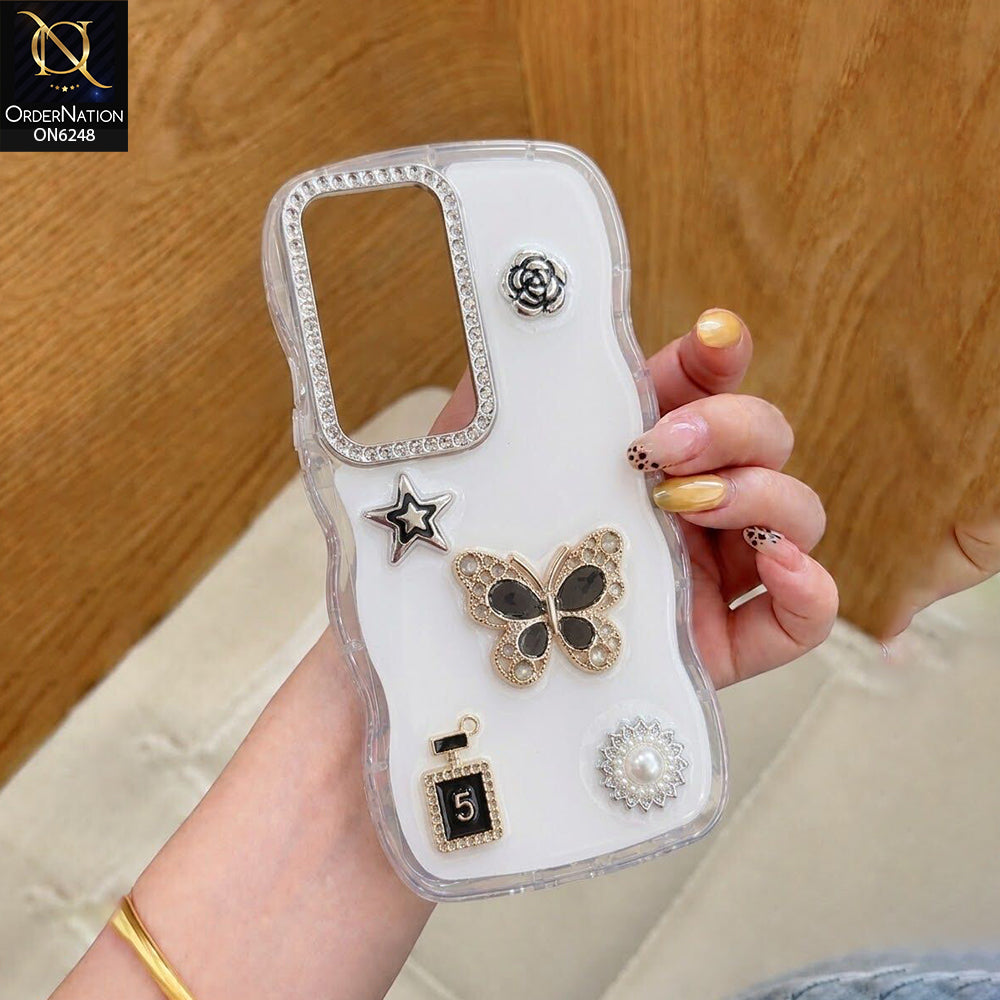 Vivo Y19s Cover - White - Luxury 3D Butterfly Star Perfume Bottle Pearl Embellished Protective Rhinestone Case