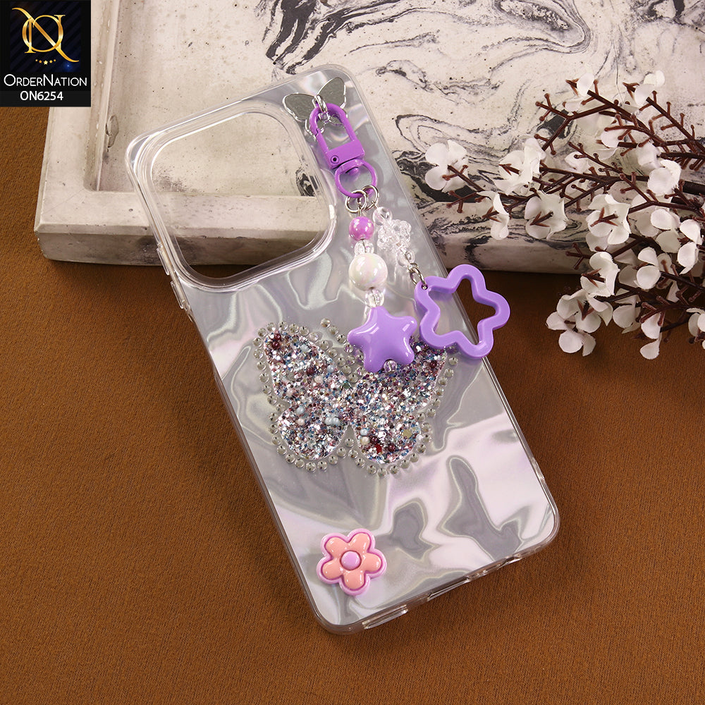 Oppo A40 Cover -  Purple - Neon Glitter Designer TPU Cover with Beaded Pendant and Flower Charms