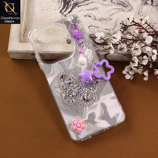 Oppo A40 Cover -  Purple - Neon Glitter Designer TPU Cover with Beaded Pendant and Flower Charms