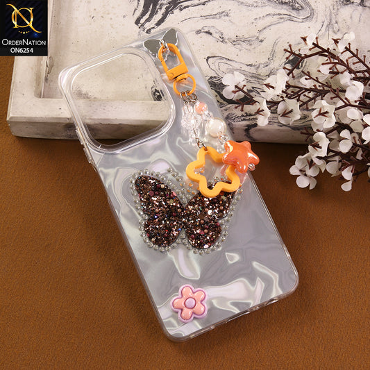 Oppo A40 Cover -  Yellow - Neon Glitter Designer TPU Cover with Beaded Pendant and Flower Charms