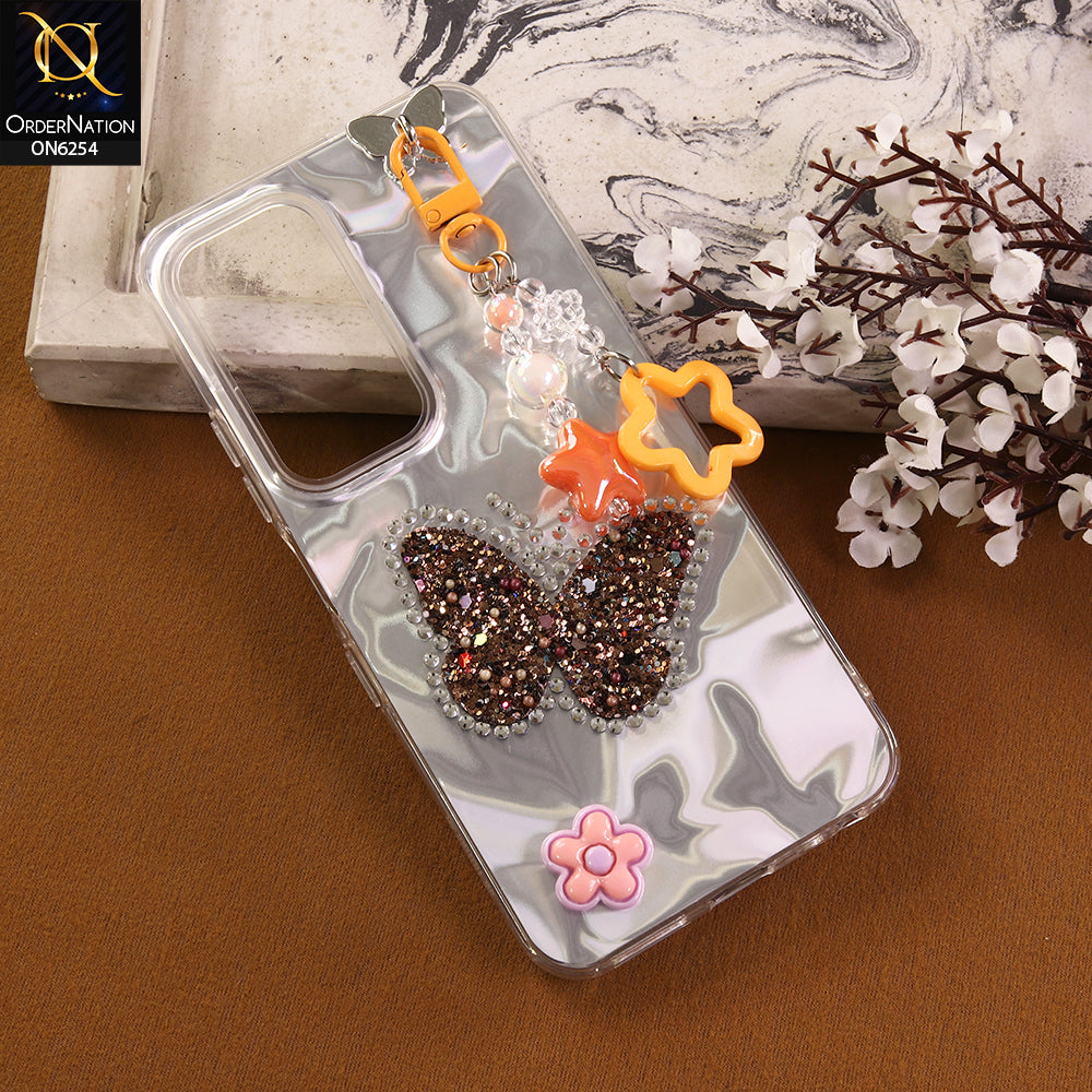 Infinix Hot 60i 4G Cover -  Yellow - Neon Glitter Designer TPU Cover with Beaded Pendant and Flower Charms