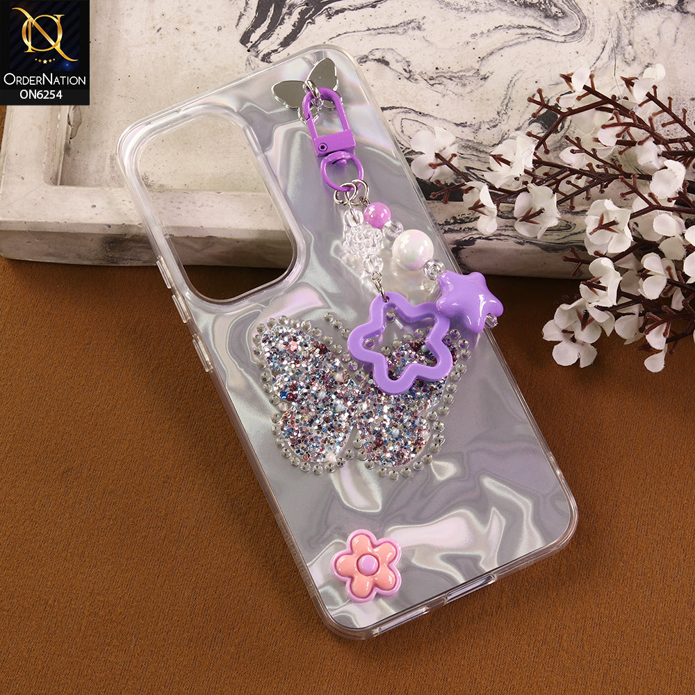 Infinix Hot 60 Pro Plus Cover -  Purple - Neon Glitter Designer TPU Cover with Beaded Pendant and Flower Charms