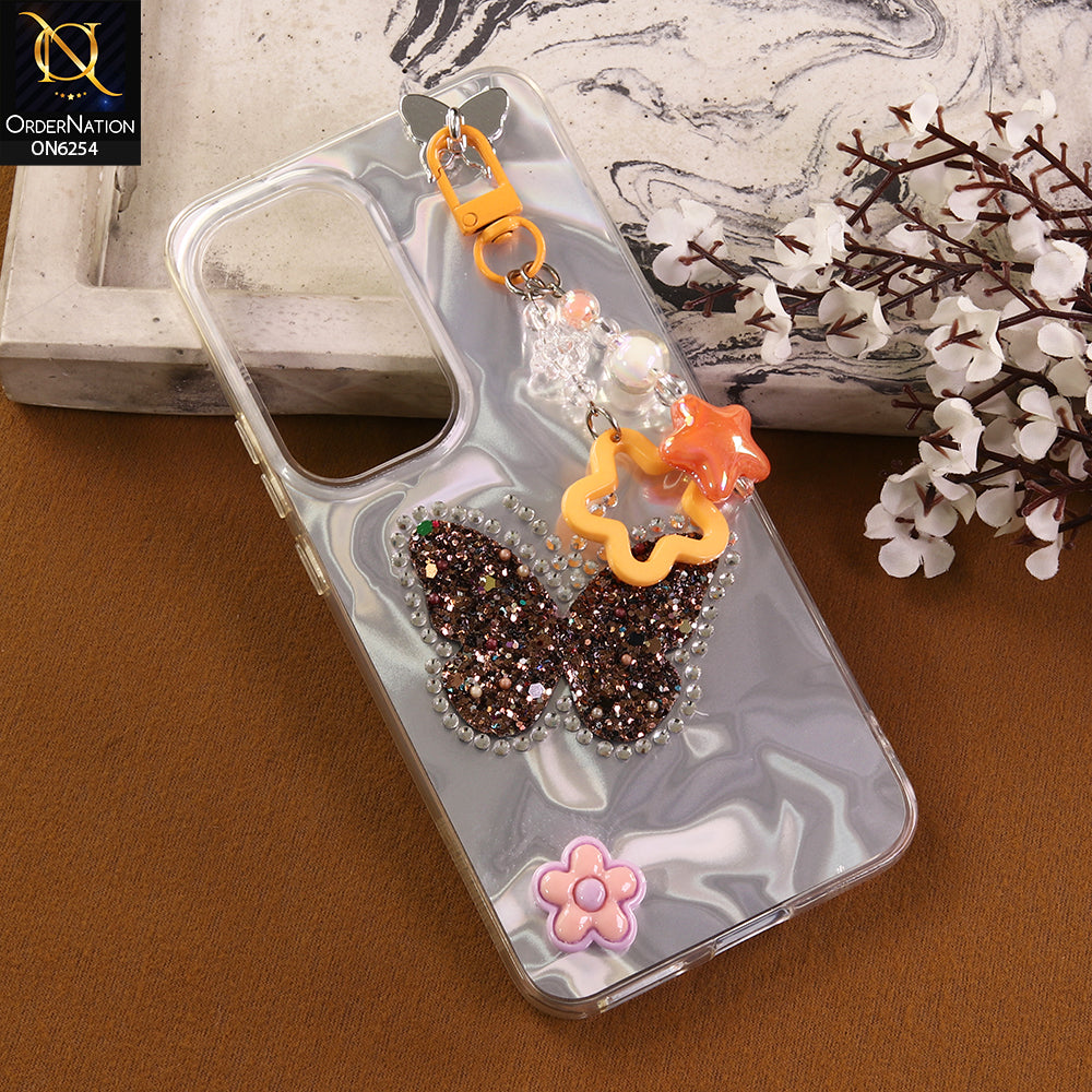 Infinix Hot 60 Pro Plus Cover -  Yellow - Neon Glitter Designer TPU Cover with Beaded Pendant and Flower Charms