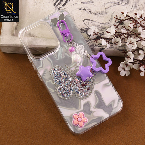 Oppo A6 Pro 4G Cover -  Purple - Neon Glitter Designer TPU Cover with Beaded Pendant and Flower Charms