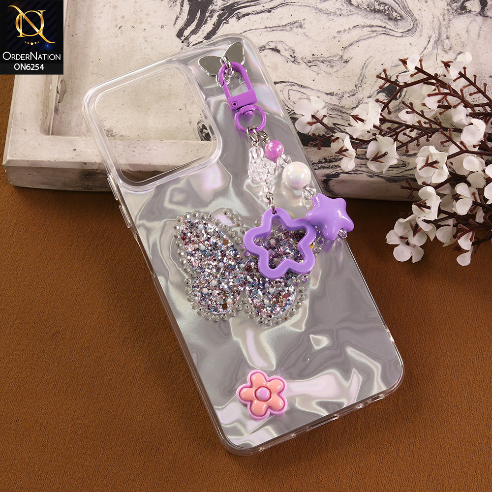 Tecno Spark 40C Cover -  Purple - Neon Glitter Designer TPU Cover with Beaded Pendant and Flower Charms