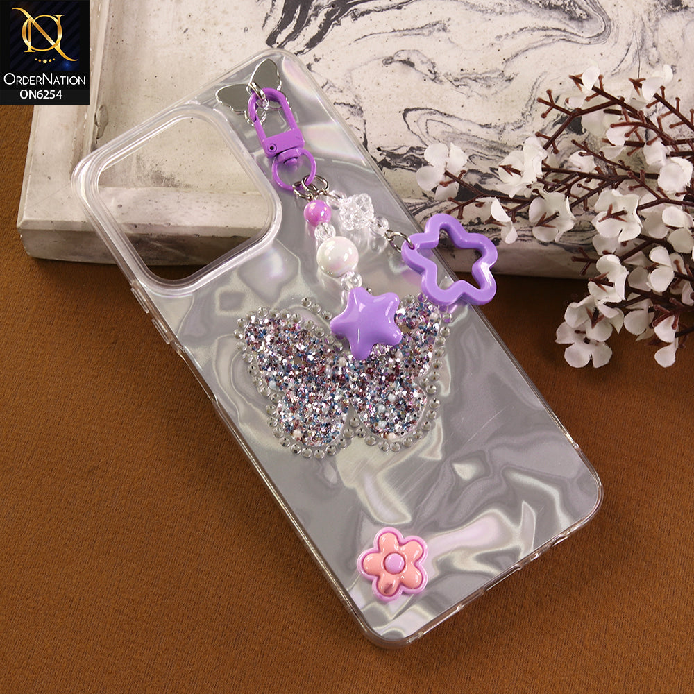 Realme C71 Cover -  Purple - Neon Glitter Designer TPU Cover with Beaded Pendant and Flower Charms