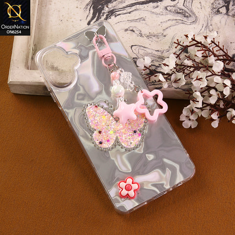 Samsung Galaxy M07 Cover -  Pink - Neon Glitter Designer TPU Cover with Beaded Pendant and Flower Charms