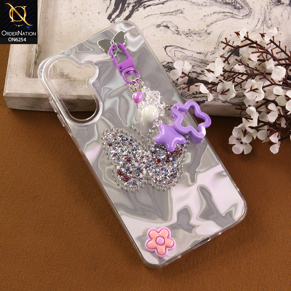 Samsung Galaxy A17 Cover -  Purple - Neon Glitter Designer TPU Cover with Beaded Pendant and Flower Charms